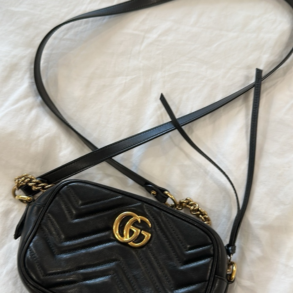 Gucci Black Chevron Crossbody Bag with Gold Accents